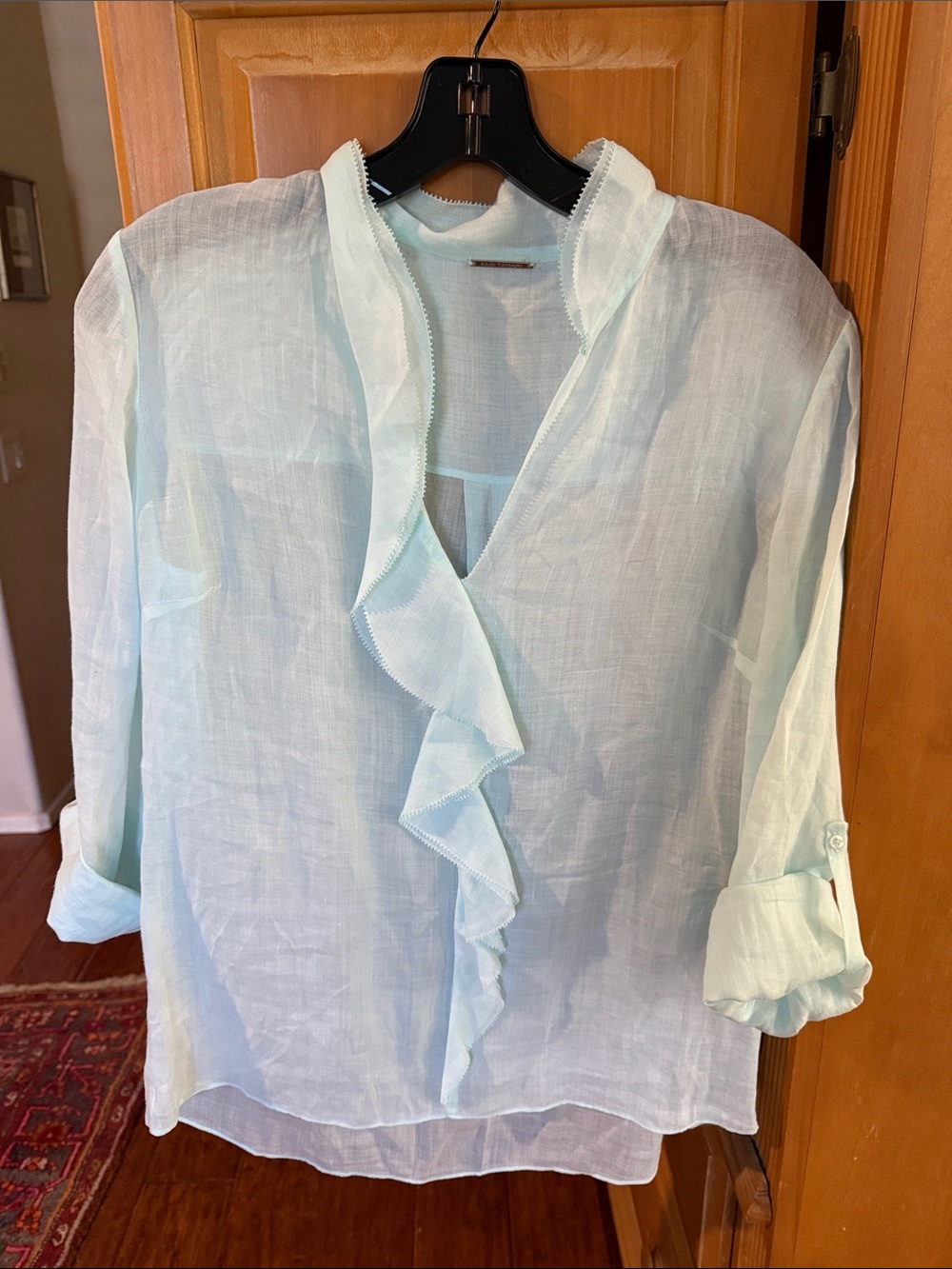 Elie Tahari Pale Aqua Ruffle Front V-Neck Blouse